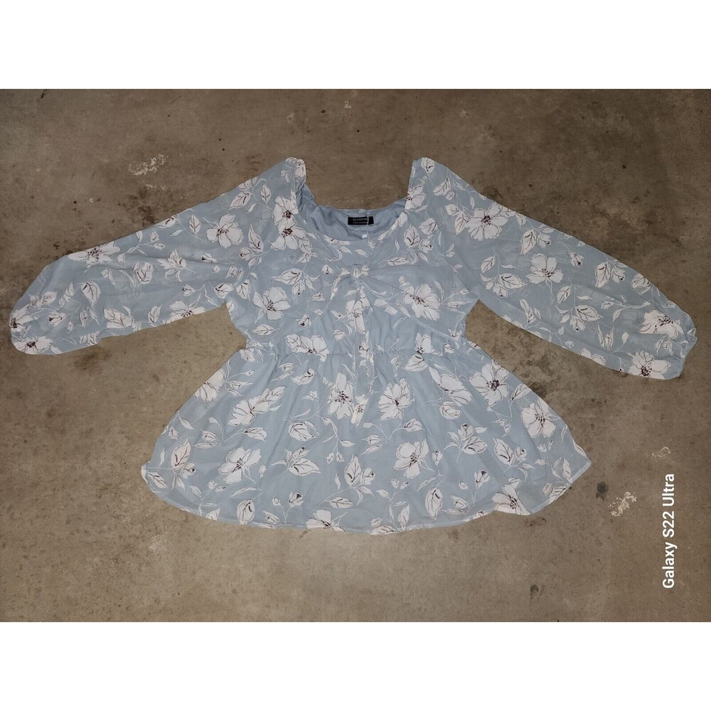 Bloomchic Womens NWT Light Blue Floral Print Lantern Sleeve Blouse Size 2X